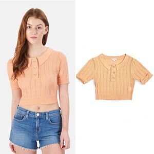 For Love & Lemon Phoebe Pointelle Polo Sweater Sherbet Size M Sweet Coquette